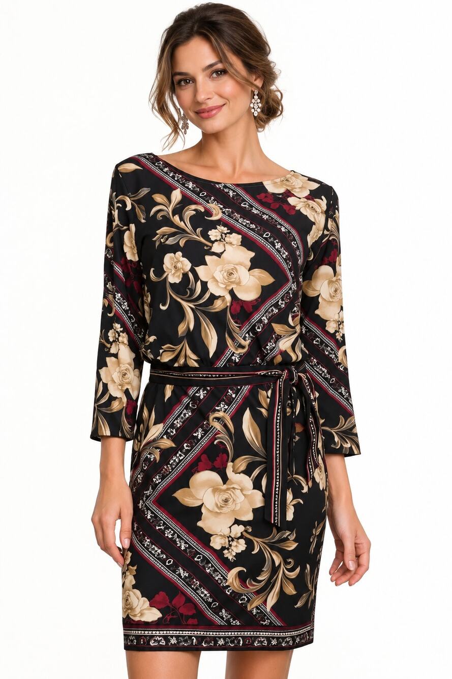 WHBM Floral Belted Dress Womens Large Black Multicolor 3/4 Sleeves Career